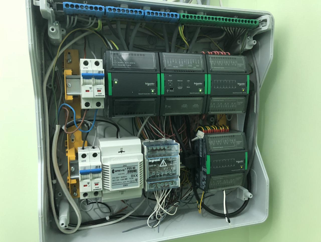 Otwarta szafka elektryczna z widocznymi bezpiecznikami, modułami sterującymi Schneider Electric i Legrand, oraz licznymi przewodami, zamontowana na jasnozielonej ścianie.
