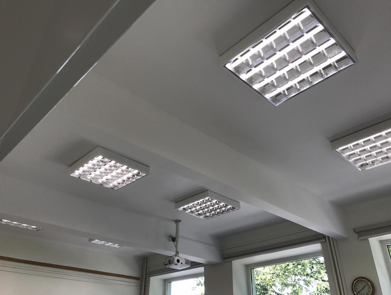 Biały sufit biura z zamontowanymi kwadratowymi lampami rastrowymi i projektorem, widoczne okna z zielenią na zewnątrz.