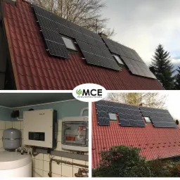 Instalacja paneli słonecznych na dachu z czerwonej dachówki, widok z zewnątrz i od wewnątrz, widoczny inwerter SOFAR oraz zabezpieczenia elektryczne.