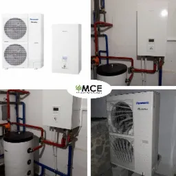 Kompilacja zdjęć przedstawiająca zainstalowane pompy ciepła Panasonic Inverter, widoczne jednostki zewnętrzne z dwoma wentylatorami oraz jednostki wewnętrzne z panelami sterowania, rury instalacji...