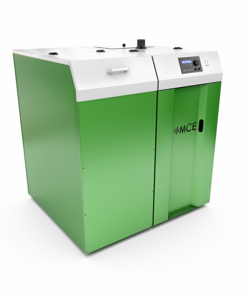 Zielony, nowoczesny piec grzewczy z białym panelem górnym, widoczne logo 'MCE' i wyświetlacz sterujący, na białym tle.