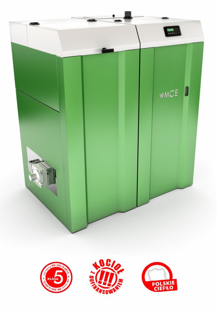 Nowoczesny, zielono-biały kocioł grzewczy z widocznymi certyfikatami i oznaczeniami jakości na białym tle.