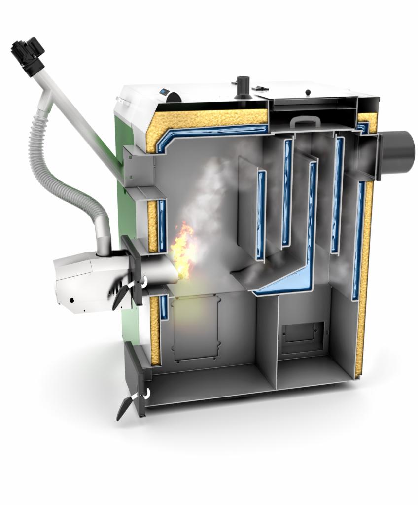 Przekrój kotła grzewczego z palącym się ogniem wewnątrz, ukazujący konstrukcję i izolację termiczną.