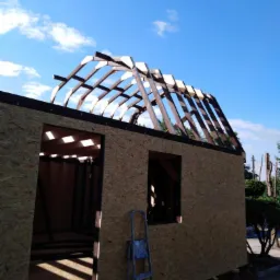 Konstrukcja szkieletowa budynku w trakcie budowy, widoczne ściany z płyt OSB, częściowo zbudowana więźba dachowa na tle błękitnego nieba z chmurami, drabina oparta o ścianę.