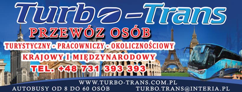 Reklama firmy Turbo-Trans z autobusem na tle znanych budowli: Pałac Kultury, Krzywa Wieża w Pizie, Koloseum, Wieża Eiffla, Big Ben.