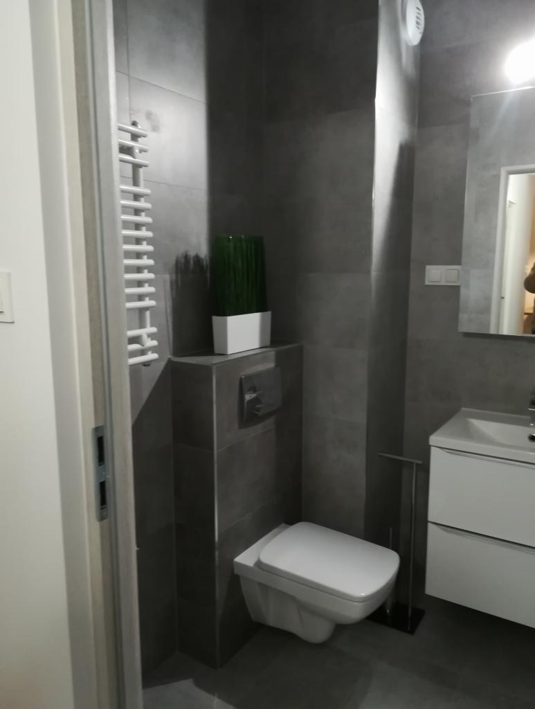 Szara łazienka z podwieszaną toaletą, grzejnikiem drabinkowym, umywalką z szafką i dekoracyjną trawą w doniczce.