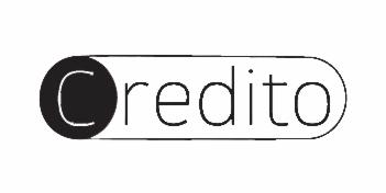 Czarno-białe logo z napisem 'Credito' umieszczonym w owalnej ramce z czarnym okręgiem po lewej stronie litery 'C'.