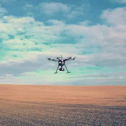 Dron z kamerą w locie nad polem w Krojantach, błękitne niebo z chmurami w tle.