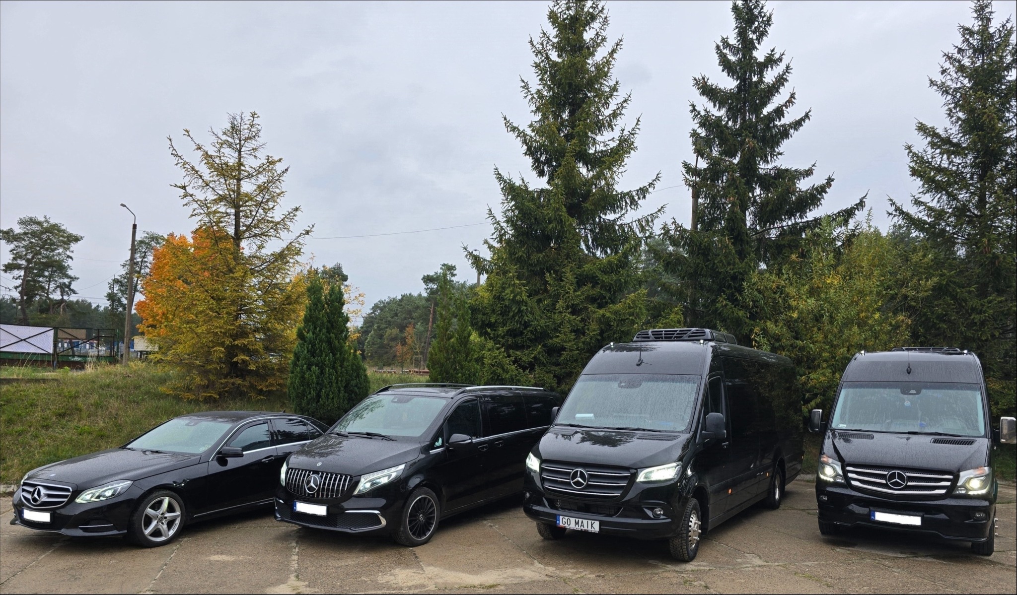 Cztery czarne samochody marki Mercedes-Benz zaparkowane obok siebie na tle lasu i pochmurnego nieba. Widoczny sedan, dwa vany i bus.