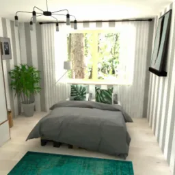 Sypialnia w odcieniach szarości i bieli z akcentem turkusowego dywanu, dekoracyjna lampa sufitowa, ściany w pionowe pasy, łóżko z szarą pościelą i poduszkami w liście, plakat z literami na ścianie.