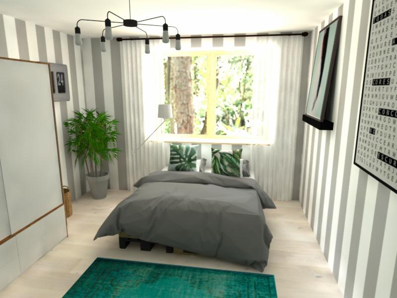 Sypialnia w odcieniach szarości i bieli z akcentem turkusowego dywanu, dekoracyjna lampa sufitowa, ściany w pionowe pasy, łóżko z szarą pościelą i poduszkami w liście, plakat z literami na ścianie.