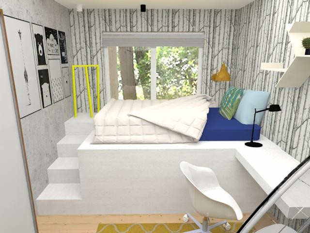 Wizualizacja pokoju dziecięcego z podwyższonym łóżkiem, biurkiem i schodami, tapeta w motyw brzozowego lasu, żółte akcenty dekoracyjne.