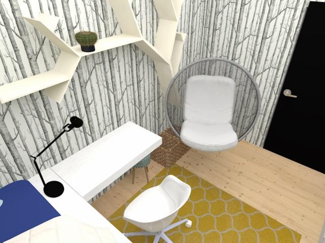 Wizualizacja pokoju do pracy z biurkiem, lampką, półkami w kształcie gałęzi, tapetą w motywie brzozowego lasu i wiszącym krzesłem.