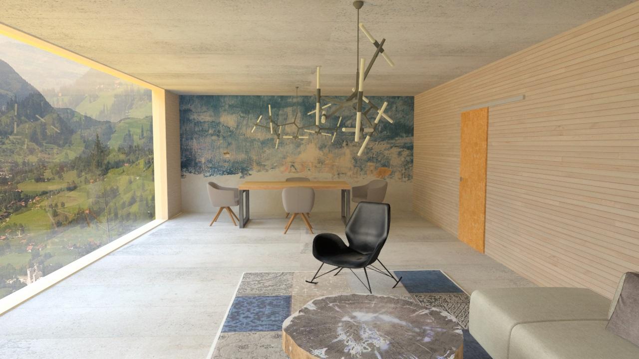 Wizualizacja przestronnego wnętrza z dużym oknem z widokiem na góry, designerski żyrandol nad stołem, drewniana ściana i minimalistyczny wystrój.