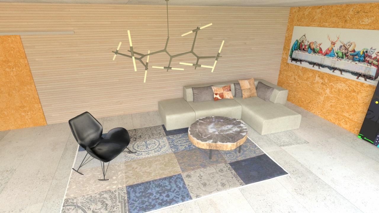 Wizualizacja salonu z narożną sofą, stolikiem kawowym z blatem imitującym przekrój drzewa, nowoczesną lampą sufitową i czarnym fotelem na tle ściany z obrazem.