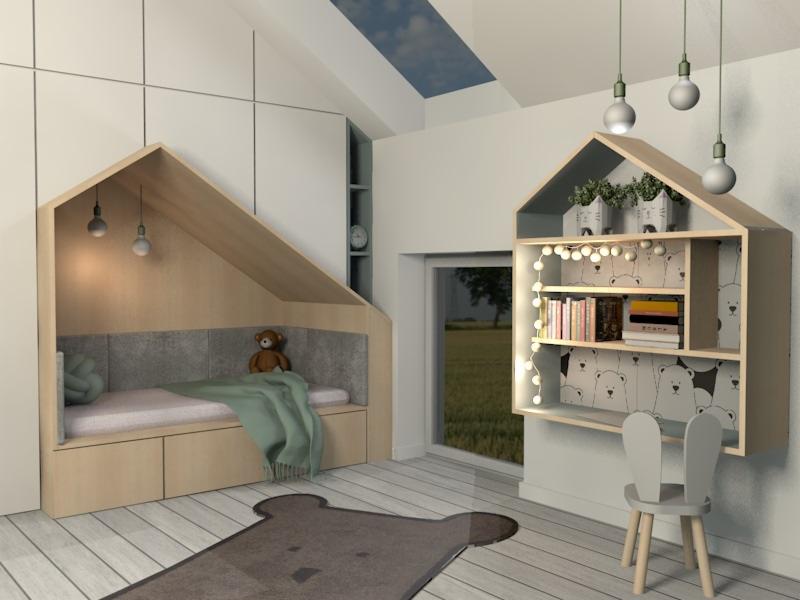 Pokój dziecięcy z łóżkiem w kształcie domku, regałem na książki w kształcie domku, dywanem w kształcie misia i krzesłem z uszami królika, oświetlony wiszącymi lampami kulami.