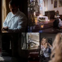 Kolaż czterech zdjęć: mężczyzna zapinający zegarek przy oknie, para klęcząca w kościele podczas ceremonii, para w ruinach z welonem oraz kobieta zakładająca kolczyk przed lustrem.