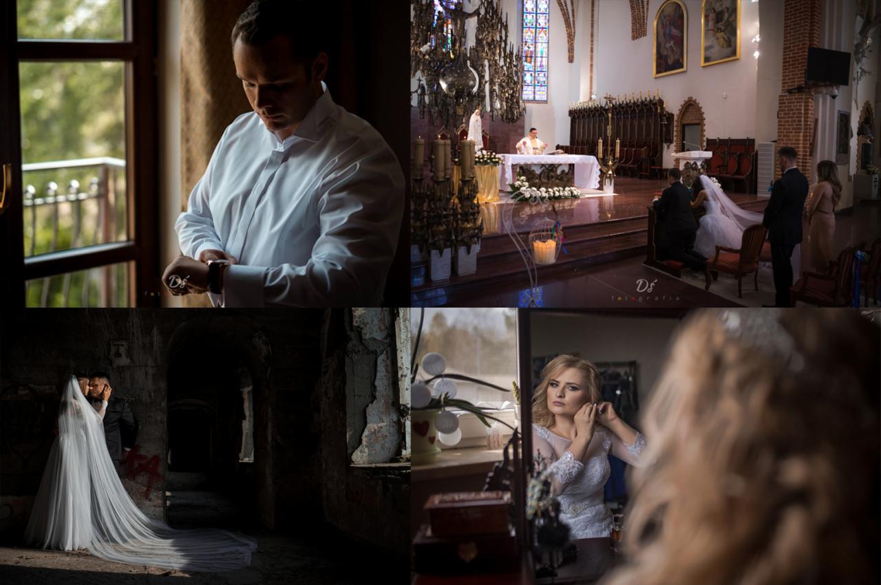 Kolaż czterech zdjęć: mężczyzna zapinający zegarek przy oknie, para klęcząca w kościele podczas ceremonii, para w ruinach z welonem oraz kobieta zakładająca kolczyk przed lustrem.