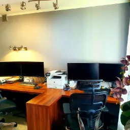 Ergonomiczne stanowisko pracy biurowej z dwoma biurkami w kształcie litery L, trzema monitorami, drukarką, krzesłami biurowymi i dekoracyjną orchideą w doniczce.