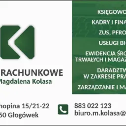 Wizytówka biura rachunkowego z zielonym logo, danymi kontaktowymi i zakresem usług: księgowość, kadry i finanse, ZUS, PFRON, usługi BHP, ewidencja środków trwałych i magazynowych, doradztwo prawne,...