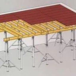Schematyczne przedstawienie konstrukcji szalunkowej stropu z widocznymi podporami pionowymi i deskowaniem, w kolorystyce żółto-czerwono-białej, ukazujące kompleksowy projekt.