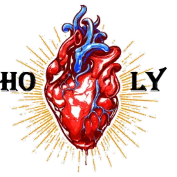 Grafika przedstawia stylizowane, czerwone serce z niebieskimi żyłami, otoczone złotymi promieniami i napisem 'HO LY' po bokach.