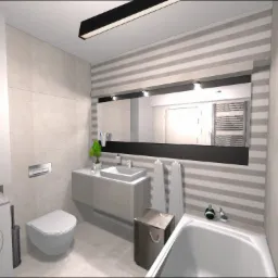 Wizualizacja łazienki z pralką, umywalką na szafce, toaletą i wanną, utrzymana w jasnej kolorystyce z akcentami szarości, z dekoracyjnymi poziomymi pasami na ścianie za lustrem.