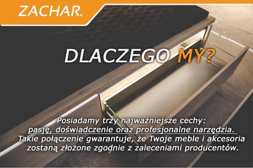 Otwarta szuflada z oświetleniem LED wewnątrz, prezentacja firmy Zachar z tekstem o pasji, doświadczeniu i profesjonalnych narzędziach.