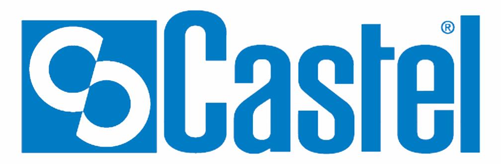 Niebieskie logo Castel z białym elementem graficznym w lewym górnym rogu.