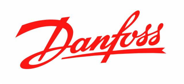 Czerwone logo Danfoss na białym tle, prezentujące stylizowany napis z charakterystycznym przedłużeniem litery 'D'.