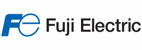 Logo firmy Fuji Electric z niebieskim symbolem FE i czarnym napisem Fuji Electric na białym tle.