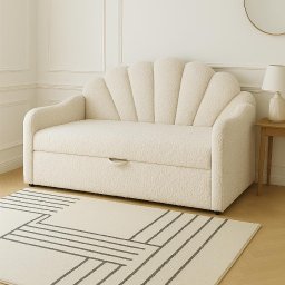 Sypialnia Snu Pablitto Paweł Kasprzak - Beżowa sofa w stylu muszli z wysuwaną szufladą, na tle jasnego wnętrza z okrągłym lustrem i lampką. Na podłodze kremowy dywan w geometryczne wzory.