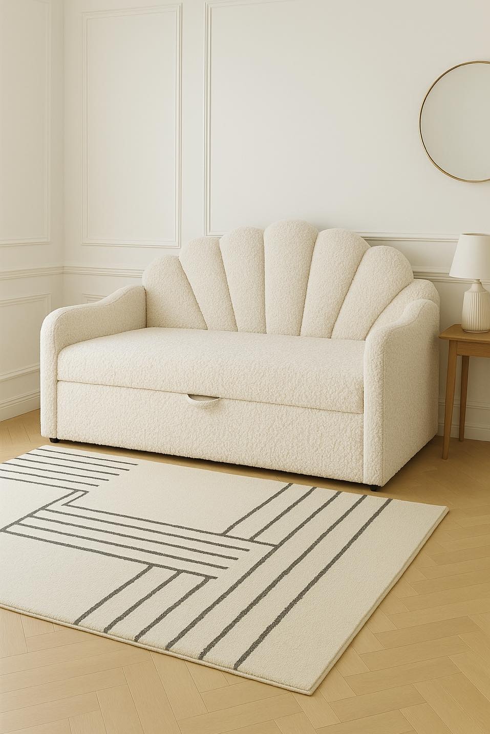 Beżowa sofa w stylu muszli z wysuwaną szufladą, na tle jasnego wnętrza z okrągłym lustrem i lampką. Na podłodze kremowy dywan w geometryczne wzory.