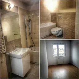 Kompilacja zdjęć: wyremontowana łazienka z beżowymi płytkami, umywalką na szafce i kabiną prysznicową oraz puste, jasne pomieszczenie z drewnianą podłogą i grzejnikiem pod oknem.