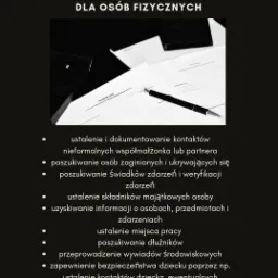 Ogłoszenie usług licencjonowanego detektywa Dawida Bobkiewicza, wyszczególniające zakres usług dla osób fizycznych, w tym ustalanie kontaktów, poszukiwanie osób i świadków, ustalanie majątku...