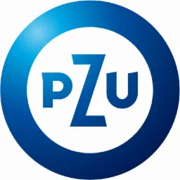 Niebiesko-białe logo PZU w okręgu.