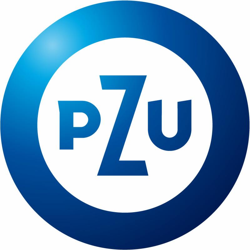 Niebiesko-białe logo PZU w okręgu.
