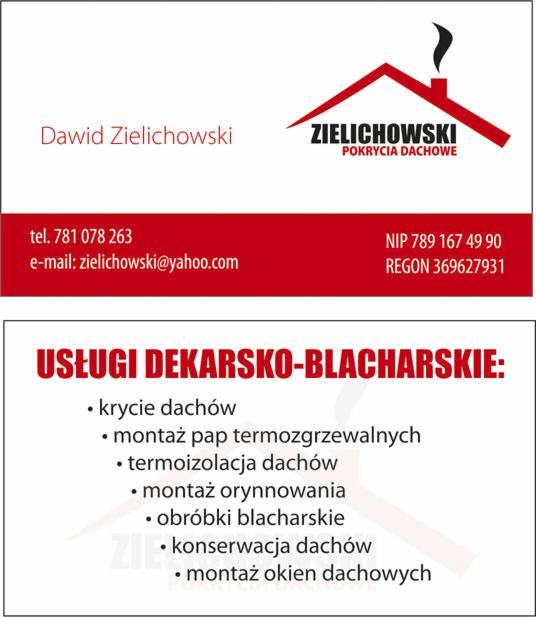 Wizytówka firmy dekarsko-blacharskiej z logo przedstawiającym czerwony dach z kominem, zawierająca dane kontaktowe i listę usług.