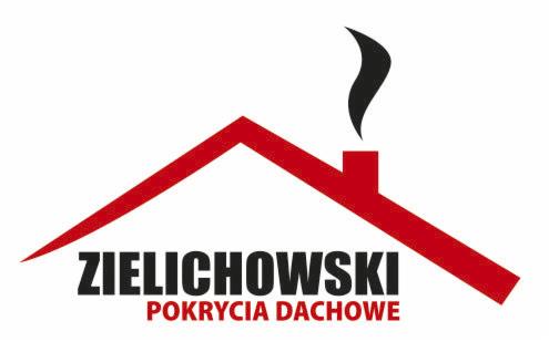 Logo firmy dekarskiej: czerwony zarys dachu z kominem, z którego unosi się czarny dym, poniżej nazwa firmy 'ZIELICHOWSKI POKRYCIA DACHOWE'.