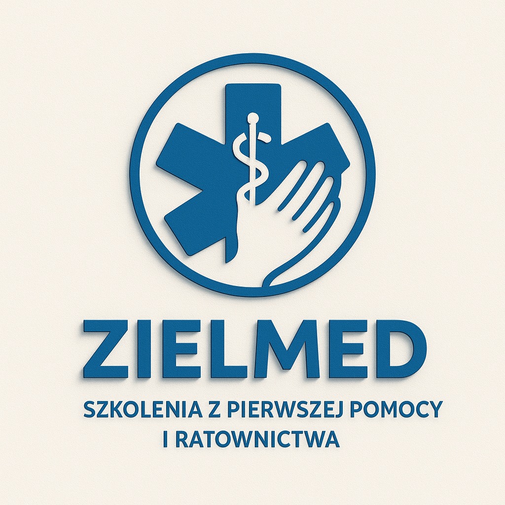 Grafika: Niebieskie logo Zielmed z symbolem pierwszej pomocy i tekstem 'Szkolenia z pierwszej pomocy i ratownictwa' na beżowym tle.