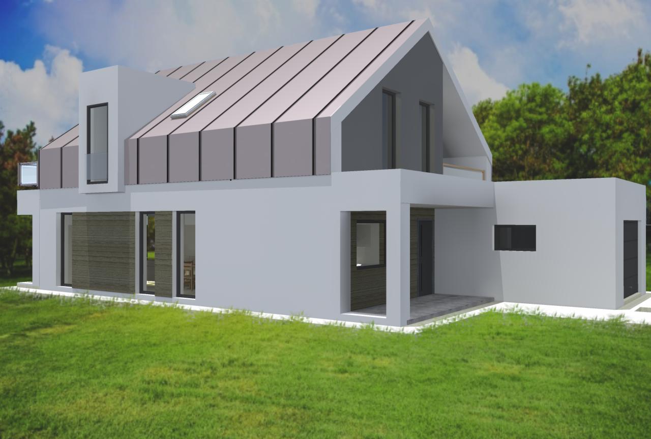Wizualizacja domu jednorodzinnego z płaskim dachem i szarymi panelami, widok z niskiej perspektywy na trawniku.