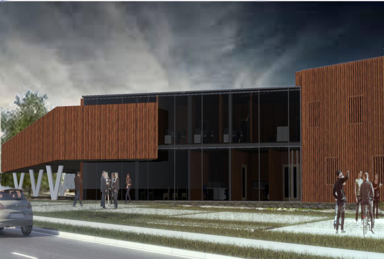 Wizualizacja budynku biurowego z drewnianą elewacją, dużymi przeszkleniami i grupą ludzi przed wejściem, prezentująca projekt architektoniczny.