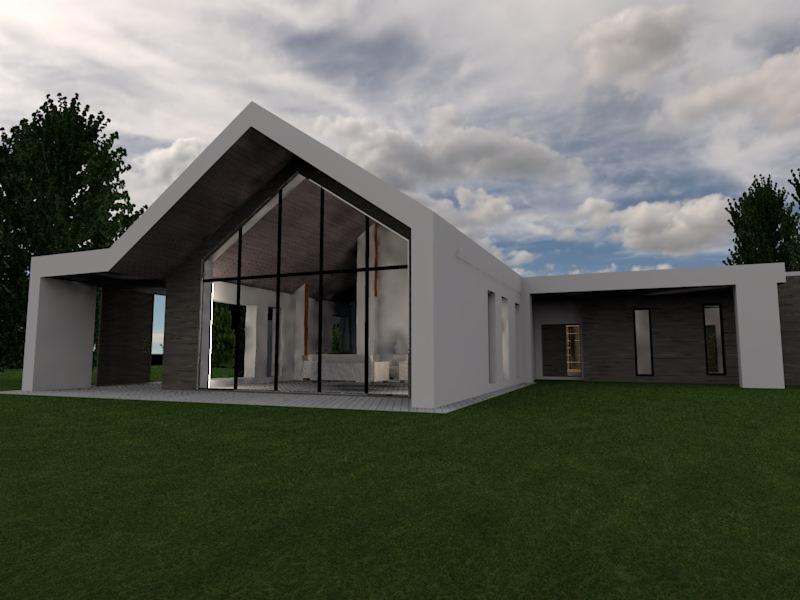 Wizualizacja nowoczesnego domu jednorodzinnego z dużymi przeszkleniami i dwuspadowym dachem, otoczonego zielonym trawnikiem.