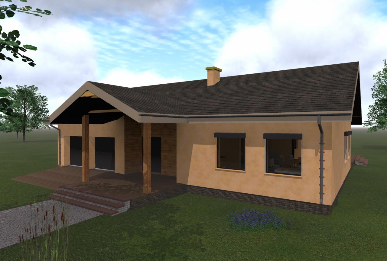 Wizualizacja projektu domu jednorodzinnego z drewnianymi elementami elewacji, tarasem i schodami wejściowymi, otoczonego trawnikiem i niską roślinnością.