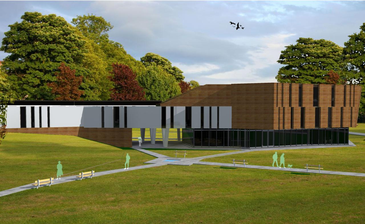 Wizualizacja budynku usługowego z elementami drewna, otoczonego zielonym terenem z ścieżkami i ławkami, z sylwetkami ludzi i ptaków na niebie.