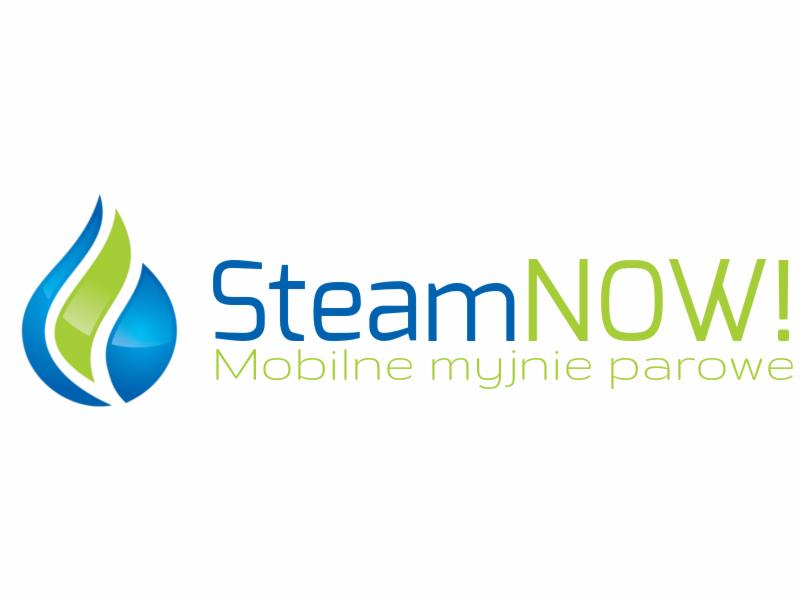 Logo firmy SteamNOW! - mobilne myjnie parowe, z niebiesko-zielonym symbolem kropli pary.