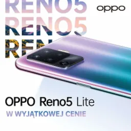 Promocyjne ujęcie smartfona Oppo Reno5 Lite z widocznym modułem aparatu i gradientowym wykończeniem obudowy na jasnym tle z logo Oppo i napisem 'Reno5' w tle.