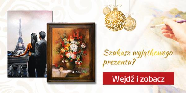 Kompozycja prezentująca dwa obrazy: jeden z widokiem na Wieżę Eiffla i parę, drugi z bukietem kwiatów w wazonie, oraz ręka malująca obraz z dekoracjami świątecznymi i napisem 'Szukasz wyjątkowego...