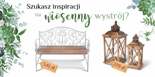Inspiracja wiosennego wystroju wnętrz z Limanowej: metalowa ławka z drewnianym siedziskiem i dwie drewniane latarnie.