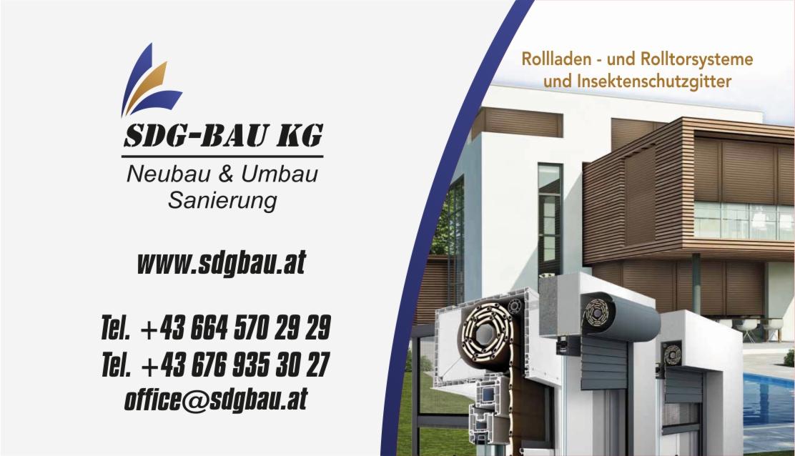 Wizualizacja domu z roletami zewnętrznymi, przekrój konstrukcji rolety na pierwszym planie, logo firmy SDG-BAU KG, dane kontaktowe i hasło reklamowe.
